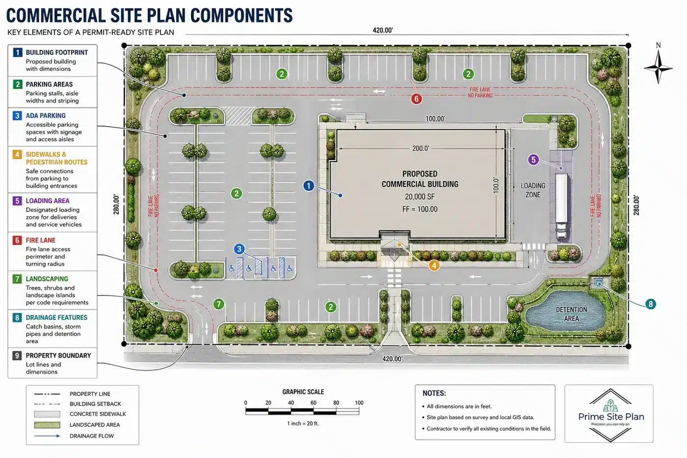 Commercial site plan showing parking, building footprint, sidewalks, landscaping, ADA spaces, fire lane, drainage, and property boundaries.