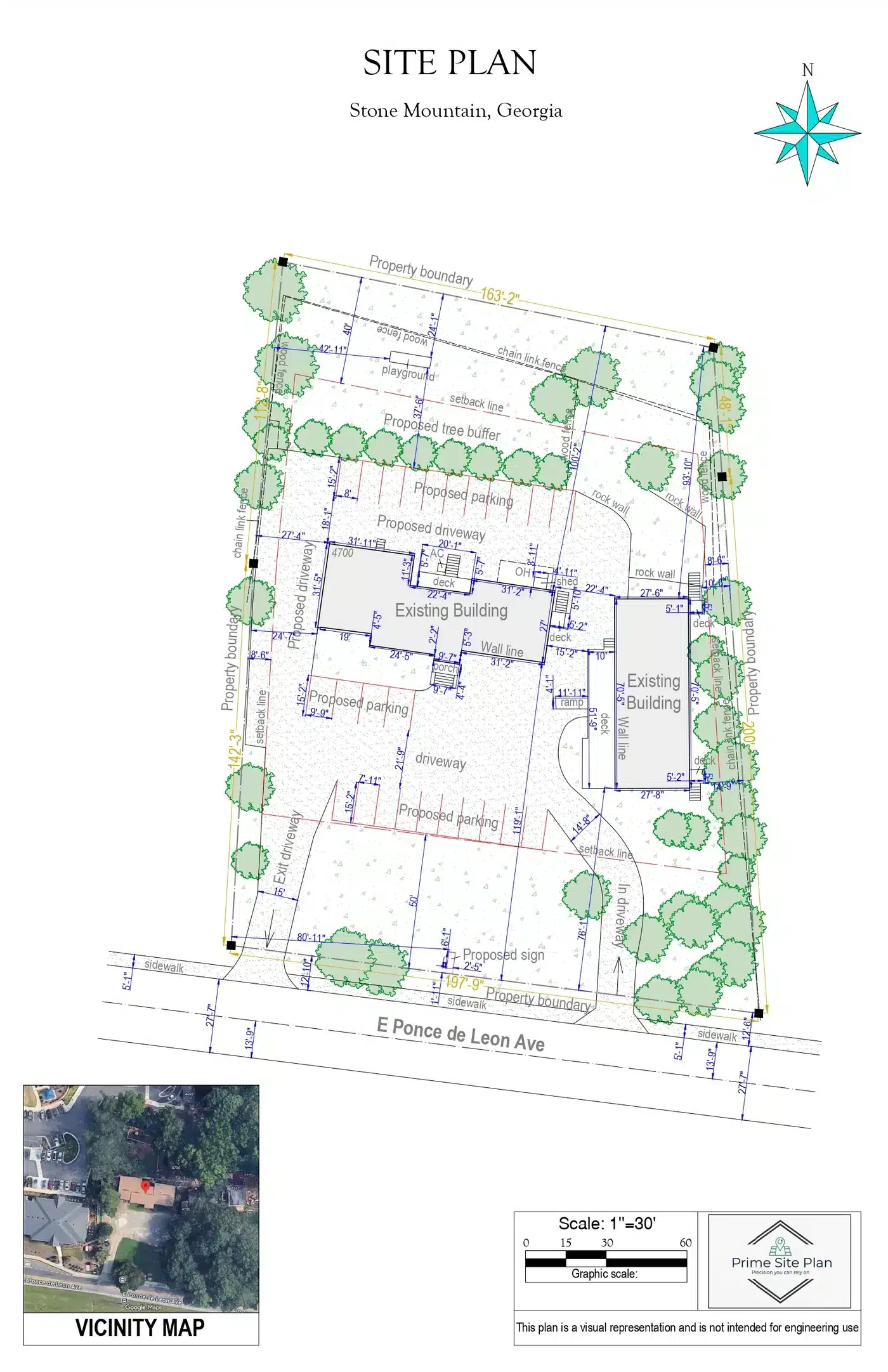 Completed commercial permit-ready site plan with buildings, parking, driveways, property boundaries, setbacks, landscaping, and vicinity map.
