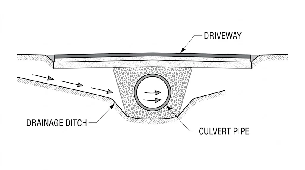 Residential driveway drainage diagram showing a culvert, drainage swales, and slope grading.