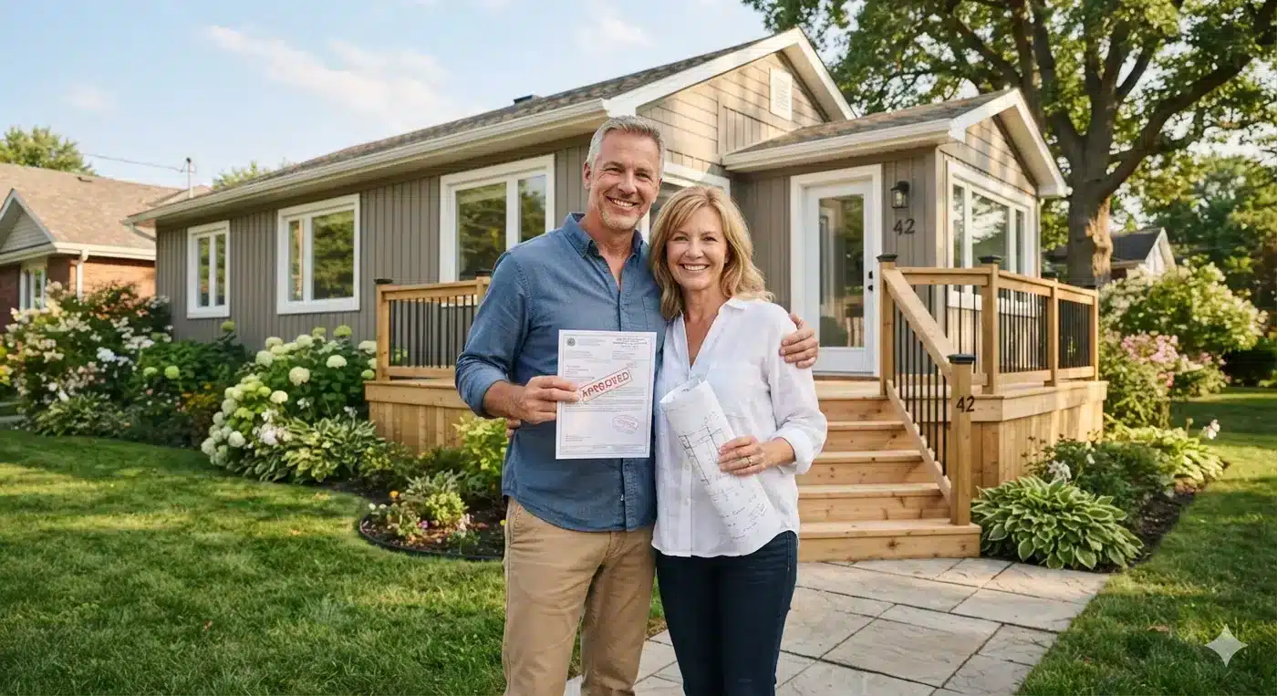 Homeowners with an approved building permit and plot plan for a home addition project.