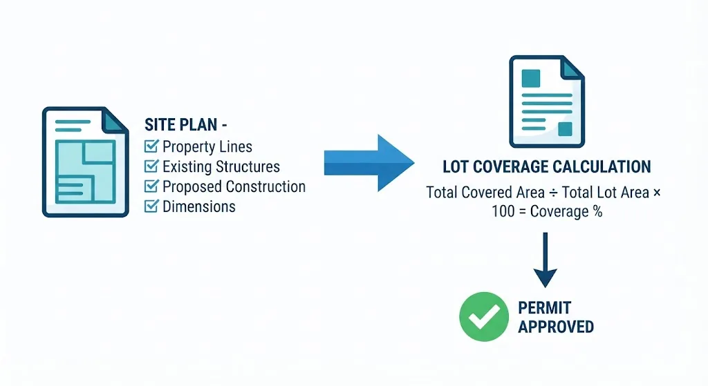 Site plan showing how lot coverage calculations support building permit approval for a home addition.