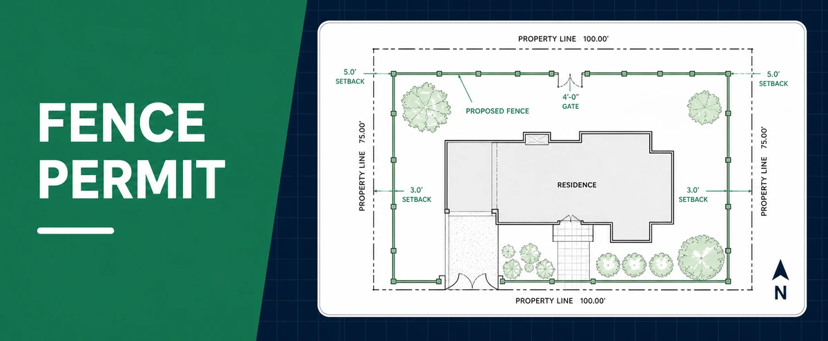 Fence permit site plan guide showing proposed fence, gate, property lines, setbacks, and dimensions