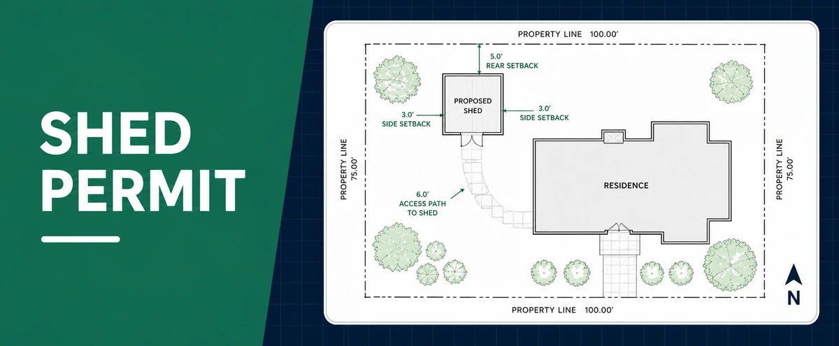 Shed permit site plan guide showing proposed shed location, property lines, setbacks, and access path