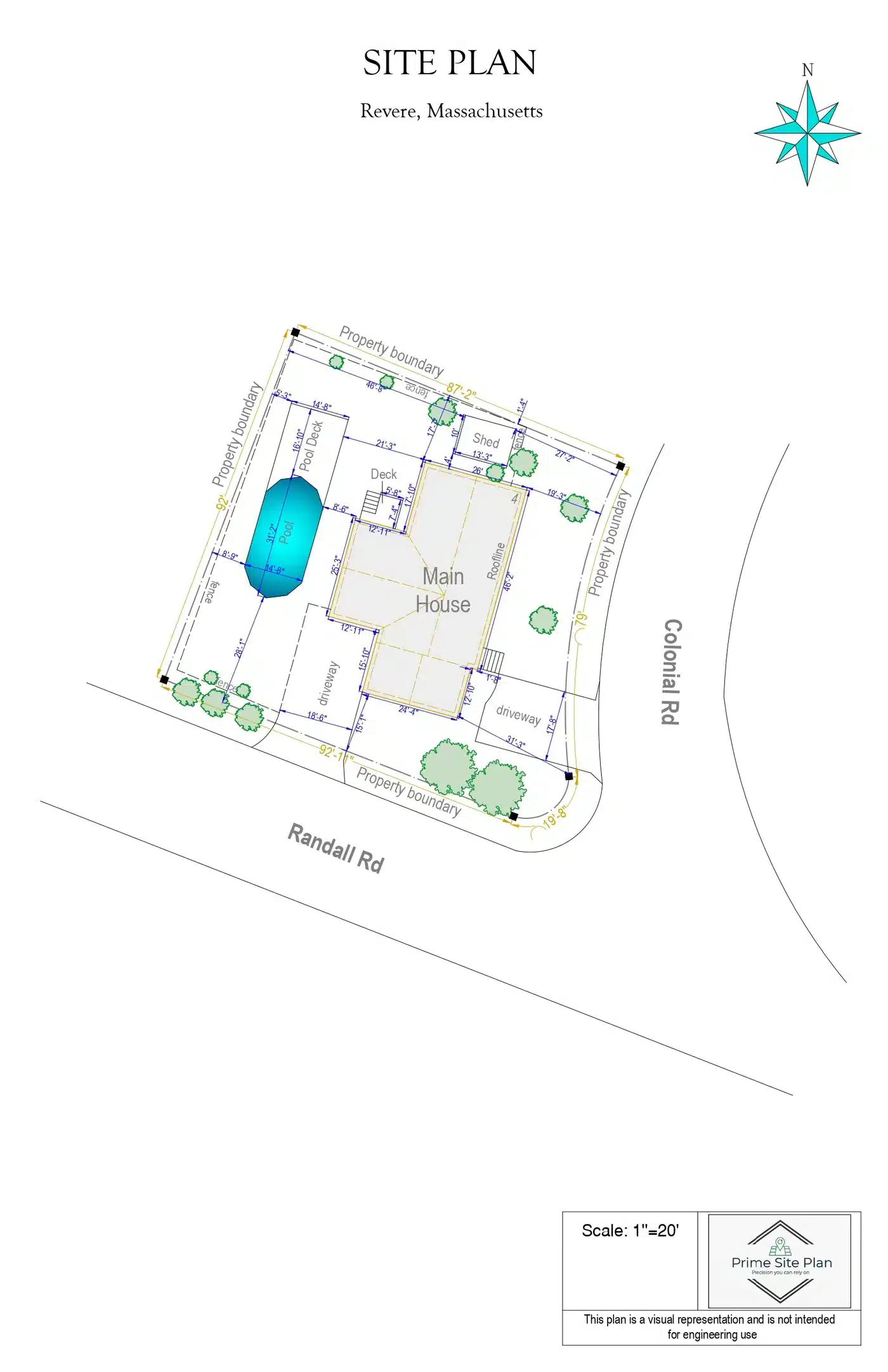 Professional residential site plan showing property boundaries and existing structures.