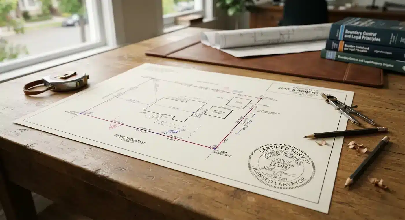 Property survey example showing certified boundary lines and a licensed surveyor stamp.