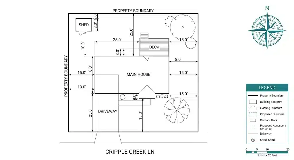Top-down residential site plan with dimension markings and setback lines for municipal permitting.