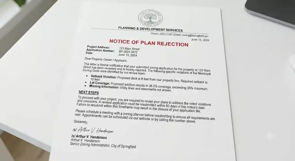 Site plan rejection letter example showing denial reasons and appeal instructions.