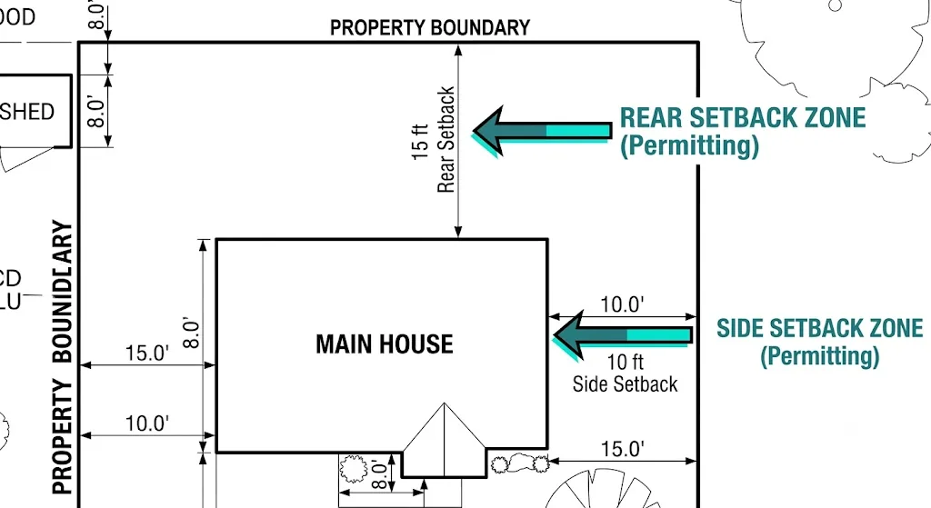 Site plan close-up showing side and rear setbacks, dimensions, and utility easements.