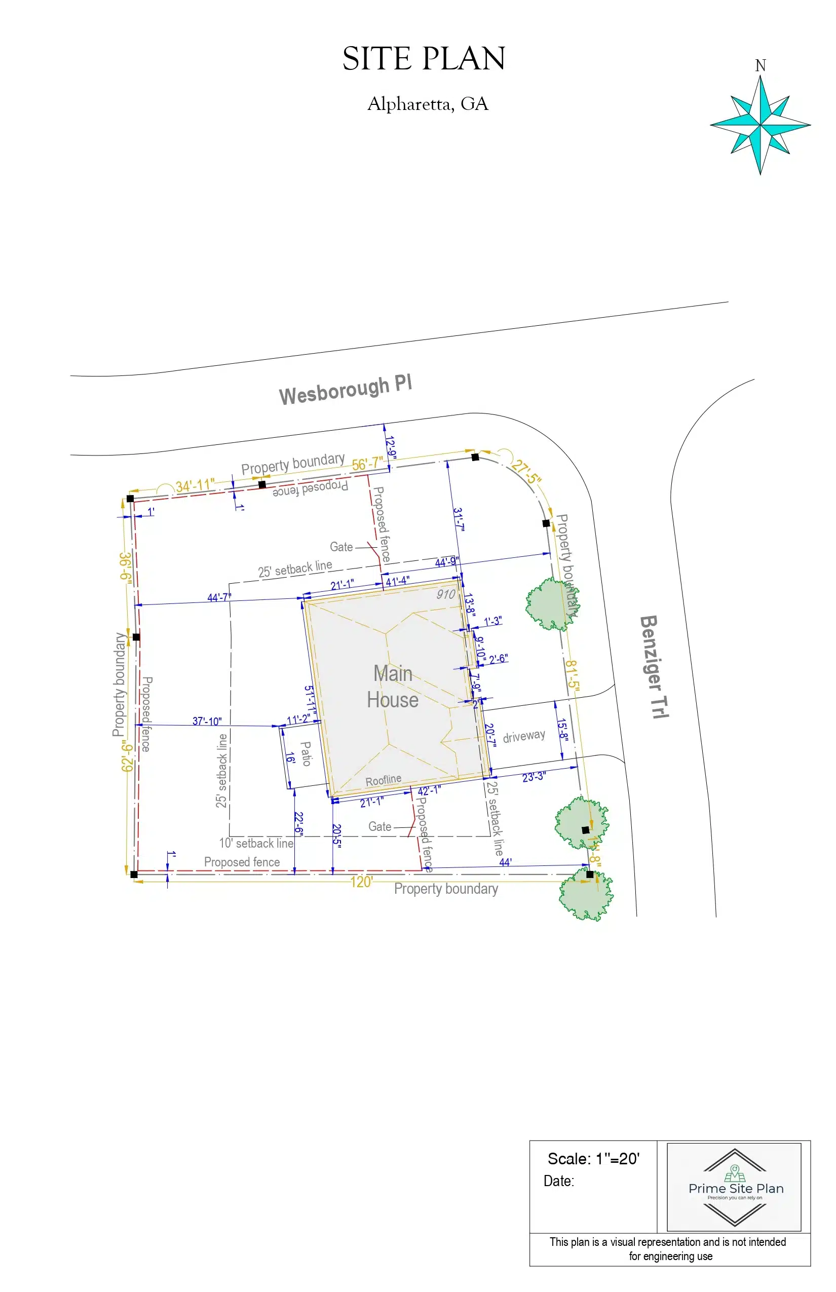 Prime Site Plan corner lot site plan example for property in Alpharetta, GA showing property boundaries and proposed fence