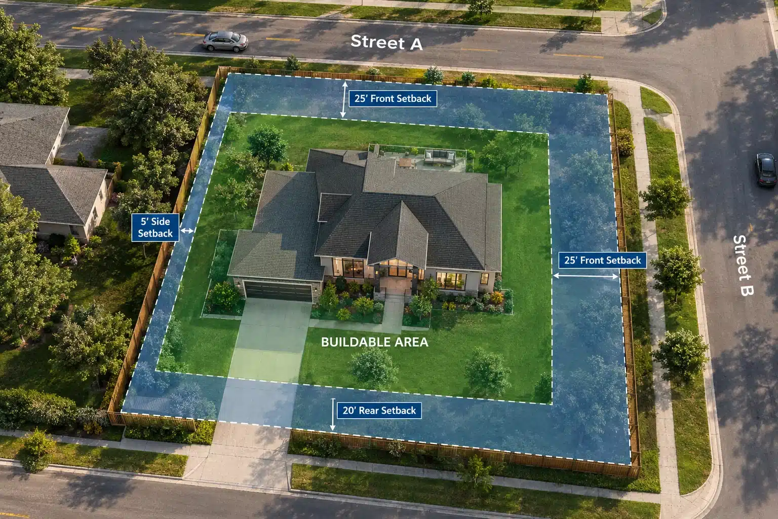 Corner lot buildable area diagram showing reduced building envelope due to double front setbacks