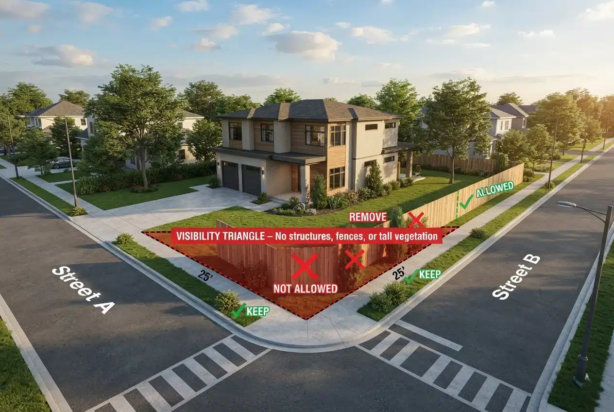 Corner lot visibility triangle diagram showing clear sight triangle requirements for fences and structures at street intersections