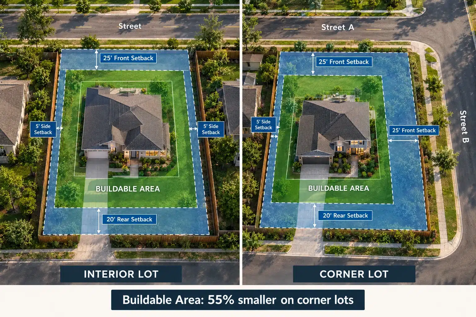 Corner lot vs interior lot comparison showing different setback requirements and buildable area
